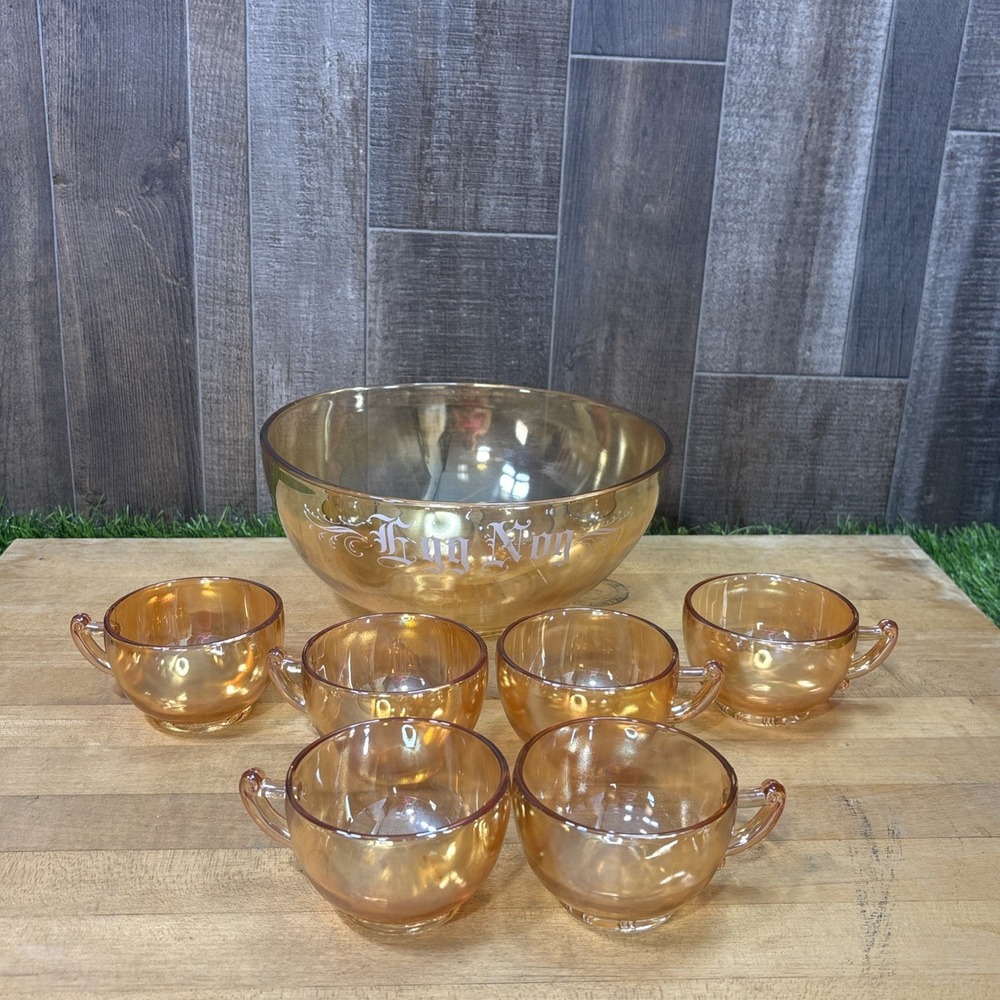 Vintage 1950s Jeannette Glass Moderne Eggnog Punch Bowl Set 6 Cups Iridescent